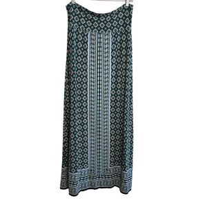 Max Studio Navy Green Medallion Tile Print Maxi Skirt M Rayon Fold Over Waist